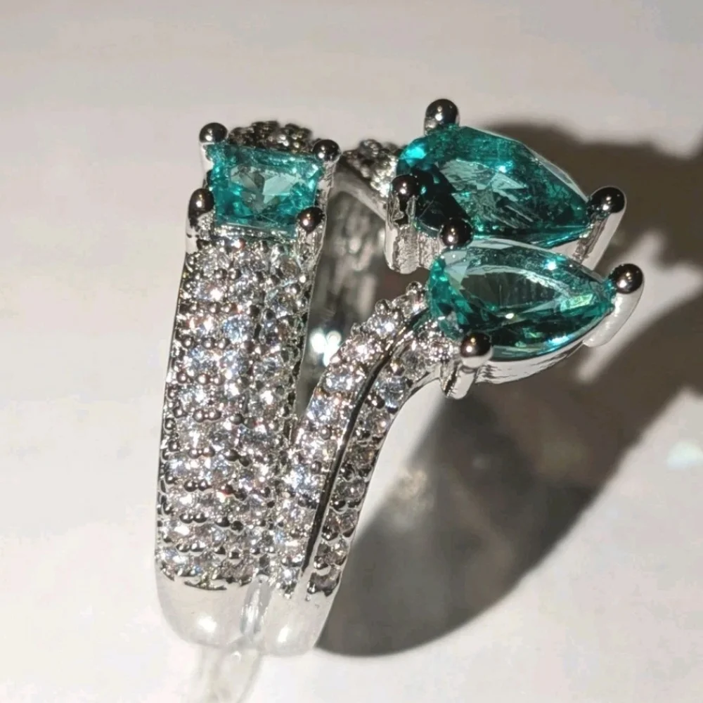 S925 Silver 5.10CTW EMERALD & WHITE Lab-Created DIAMOND Engagement Ring Sz 7